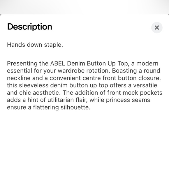 Meshki Abel Denim Dark Blue Button Up Sleeveless Top Sz. M - Picture 8 of 8